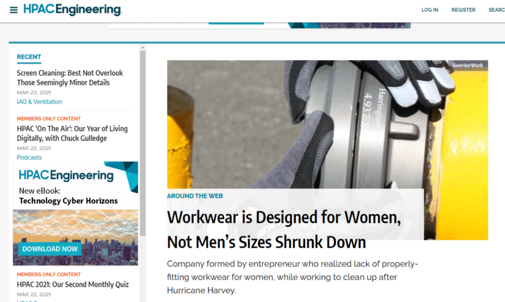 Case Study Illustration: A screenshot of an article from HPAC Engineering featuring SeeHerWork