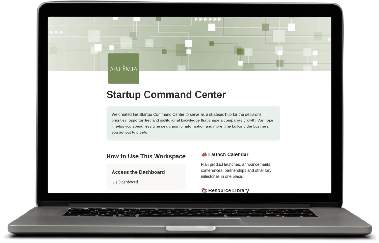 ARTEMIA Startup Command Center shown on a laptop