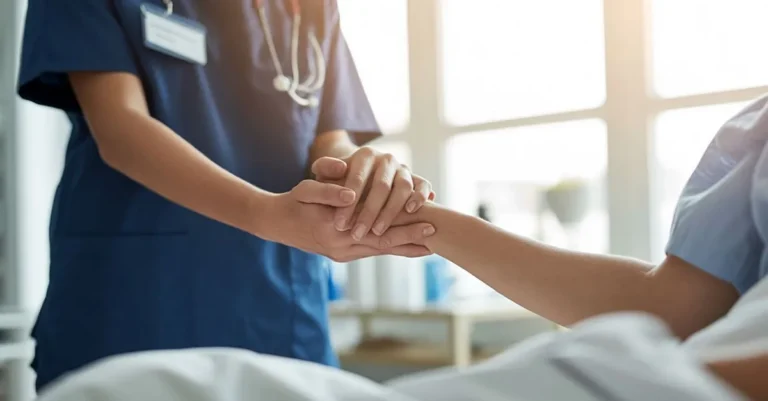 Healthcare worker holding a patient’s hand at the bedside.