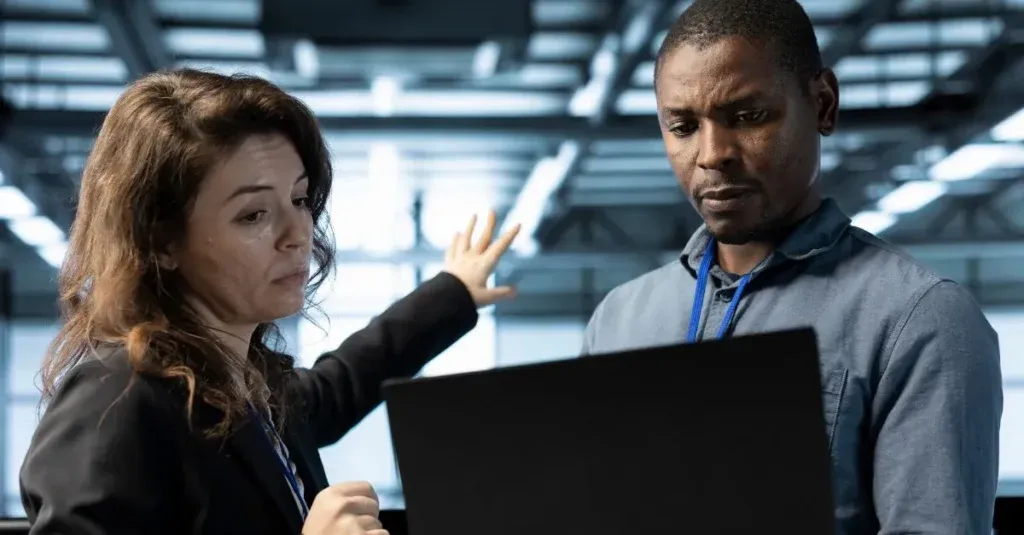 Two colleagues reviewing information on a laptop during a cyber incident response.